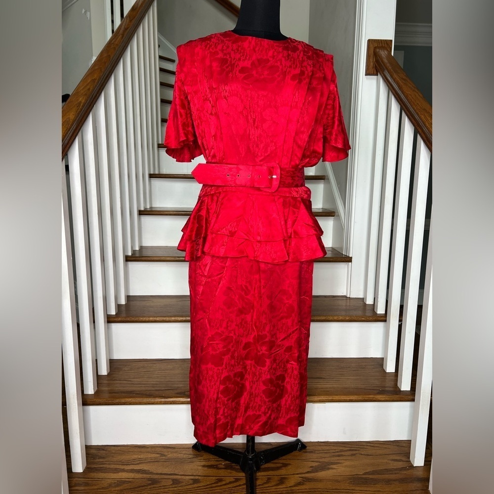 Vintage 80s Red Silk Peplum Dress Midi Belted Cocktail Party Size 12 - Picture 2 of 9